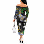 South Sea Islanders And Vanuatu Off The Shoulder Long Sleeve Dress Boar Tusk Warrior Southern Tribal Pattern