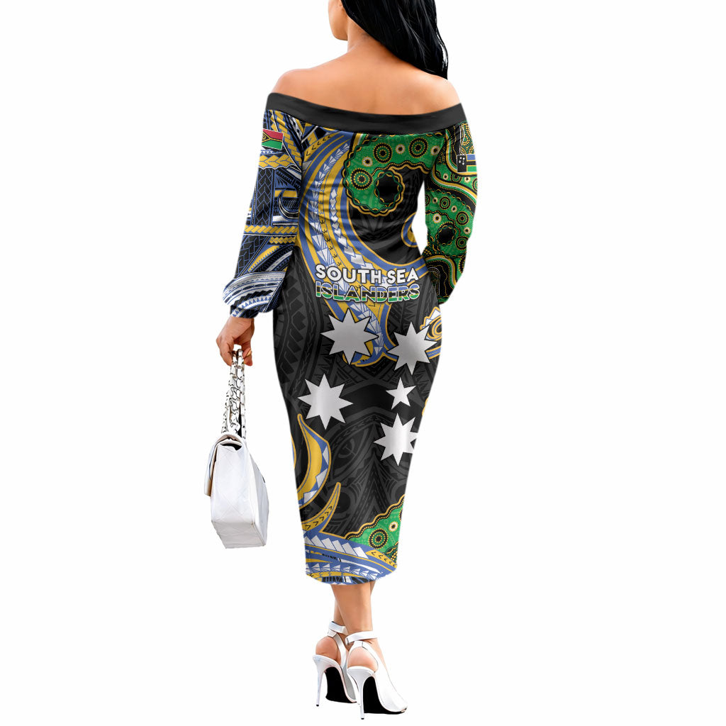 South Sea Islanders And Vanuatu Off The Shoulder Long Sleeve Dress Boar Tusk Warrior Southern Tribal Pattern