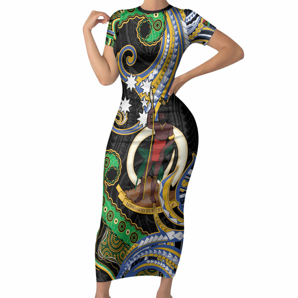 South Sea Islanders And Vanuatu Short Sleeve Bodycon Dress Boar Tusk Warrior Southern Tribal Pattern
