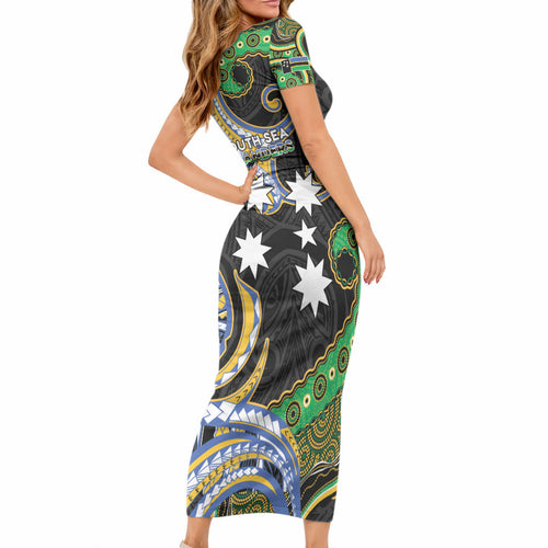South Sea Islanders And Vanuatu Short Sleeve Bodycon Dress Boar Tusk Warrior Southern Tribal Pattern