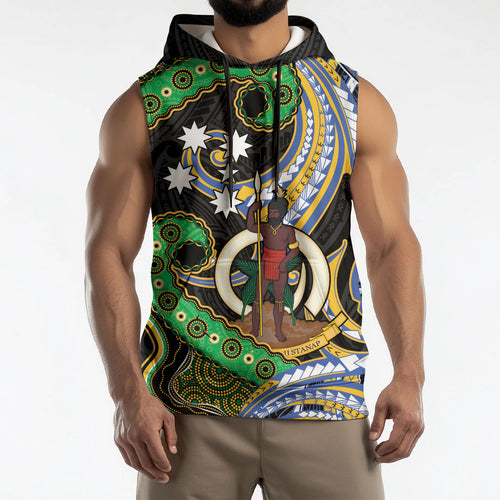 South Sea Islanders And Vanuatu Sleeveless Hoodie Boar Tusk Warrior Southern Tribal Pattern