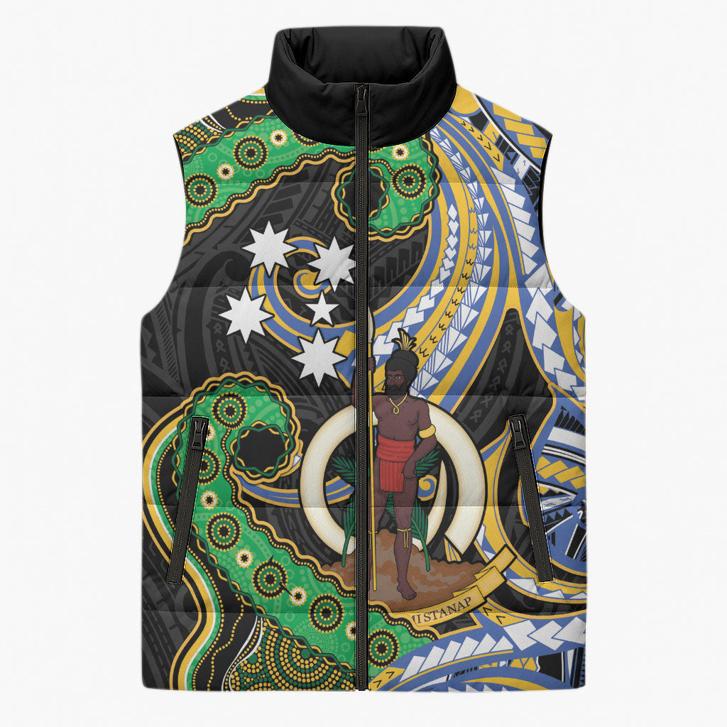 South Sea Islanders And Vanuatu Sleeveless Puffer Jacket Boar Tusk Warrior Southern Tribal Pattern