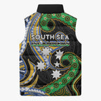 South Sea Islanders And Vanuatu Sleeveless Puffer Jacket Boar Tusk Warrior Southern Tribal Pattern