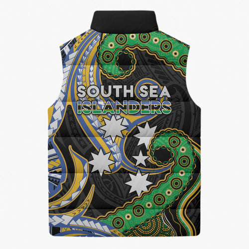 South Sea Islanders And Vanuatu Sleeveless Puffer Jacket Boar Tusk Warrior Southern Tribal Pattern