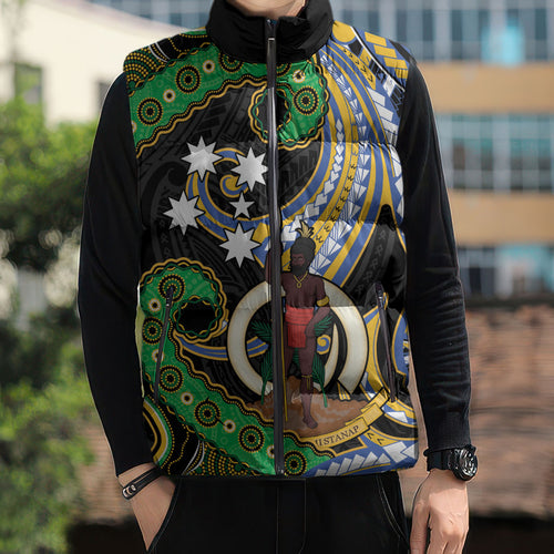 South Sea Islanders And Vanuatu Sleeveless Puffer Jacket Boar Tusk Warrior Southern Tribal Pattern
