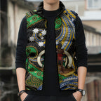 South Sea Islanders And Vanuatu Sleeveless Puffer Jacket Boar Tusk Warrior Southern Tribal Pattern