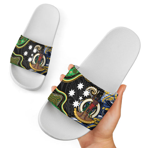 South Sea Islanders And Vanuatu Slide Sandals Boar Tusk Warrior Southern Tribal Pattern