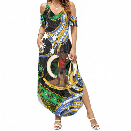 South Sea Islanders And Vanuatu Summer Maxi Dress Boar Tusk Warrior Southern Tribal Pattern