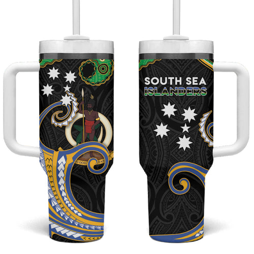 South Sea Islanders And Vanuatu Tumbler With Handle Boar Tusk Warrior Southern Tribal Pattern