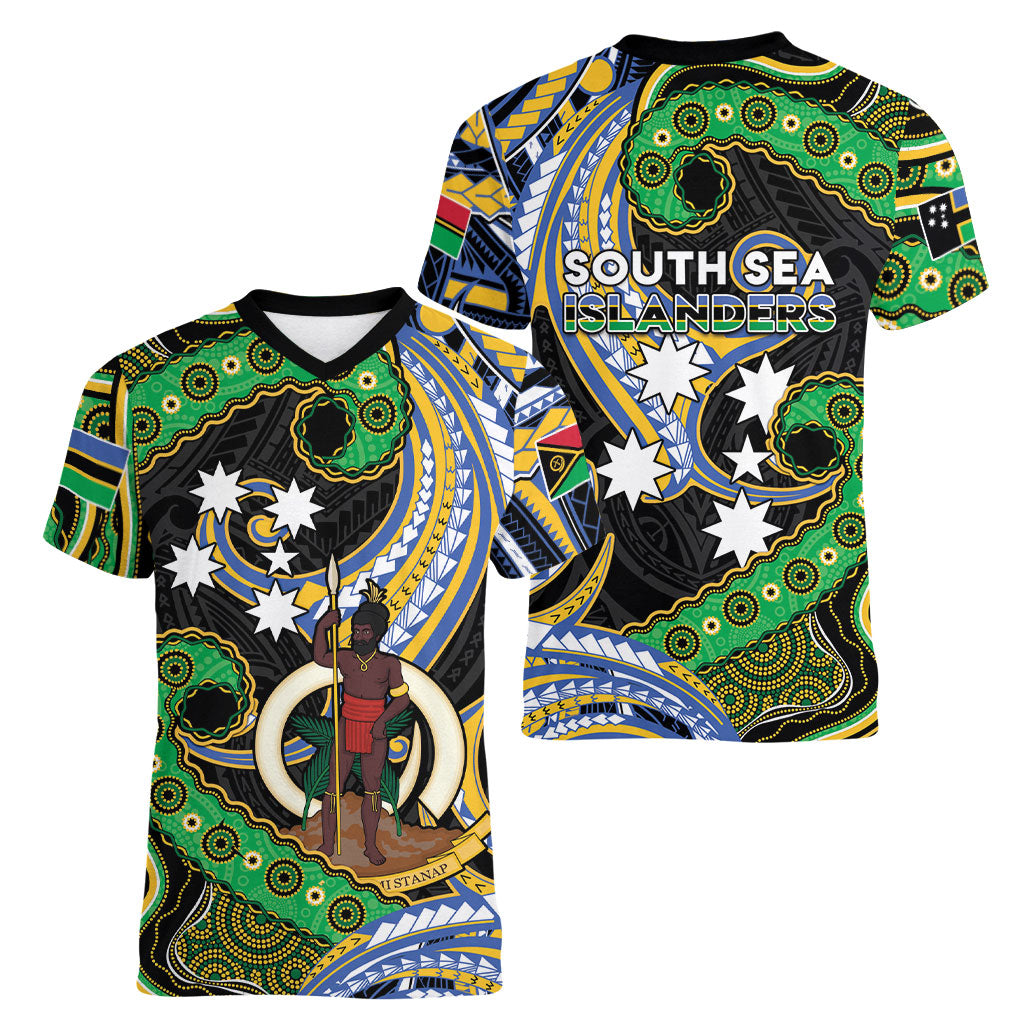 South Sea Islanders And Vanuatu Women V-Neck T-Shirt Boar Tusk Warrior Southern Tribal Pattern