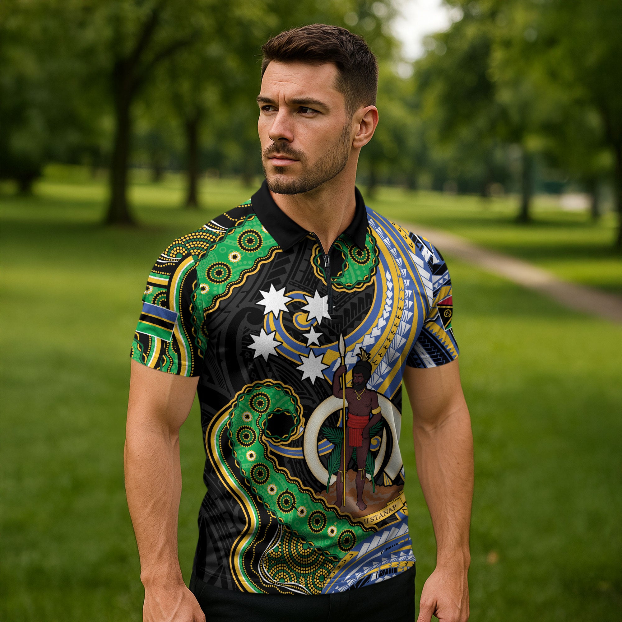 South Sea Islanders And Vanuatu Zipper Polo Shirt Boar Tusk Warrior Southern Tribal Pattern