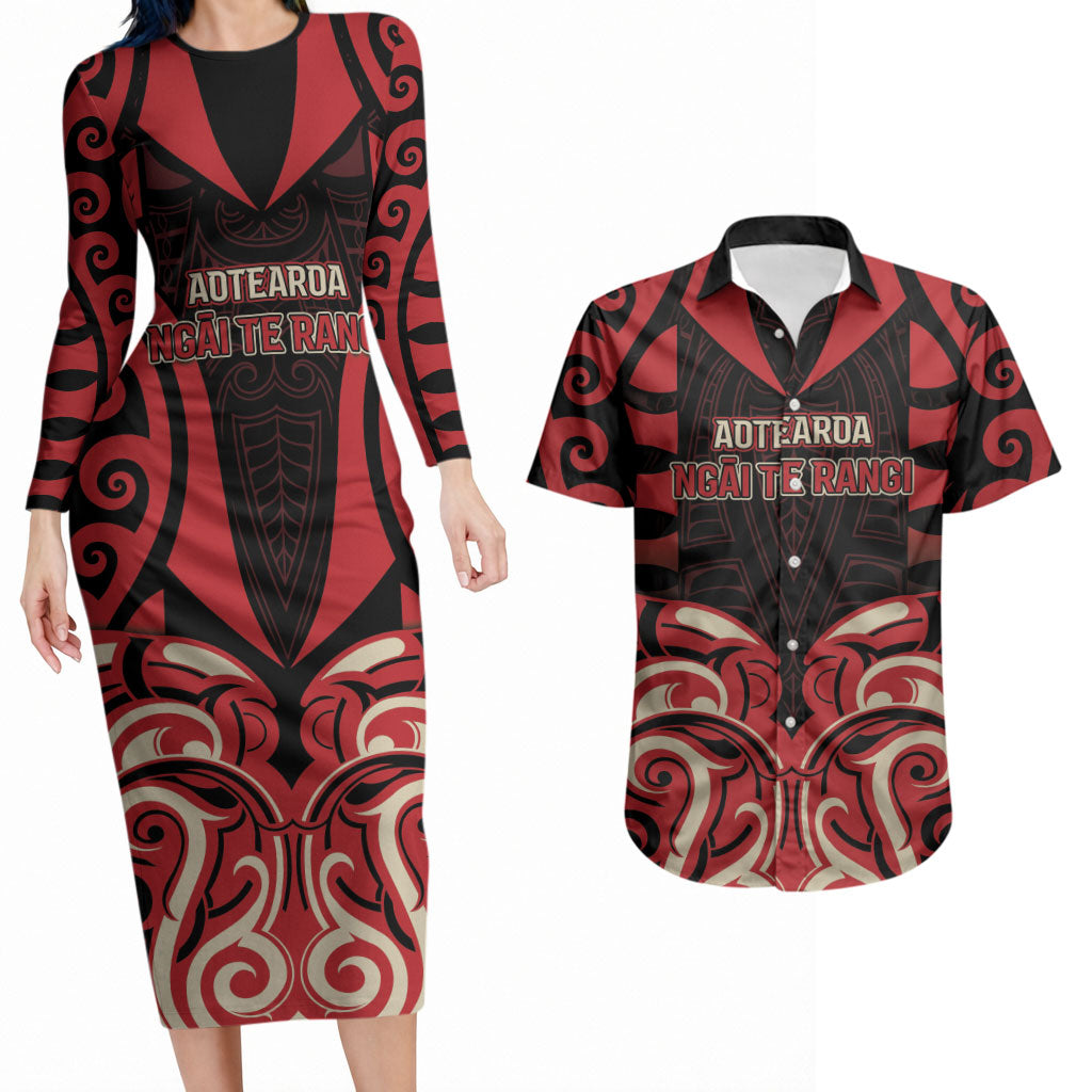 Custom Aotearoa Ngai Te Rangi Couples Matching Long Sleeve Bodycon Dress and Hawaiian Shirt New Zealand Traditional Maori Pattern