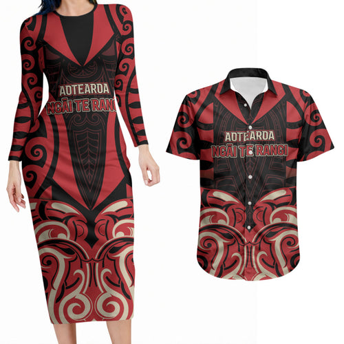 Custom Aotearoa Ngai Te Rangi Couples Matching Long Sleeve Bodycon Dress and Hawaiian Shirt New Zealand Traditional Maori Pattern