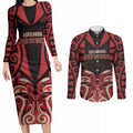 Custom Aotearoa Ngai Te Rangi Couples Matching Long Sleeve Bodycon Dress and Long Sleeve Button Shirt New Zealand Traditional Maori Pattern
