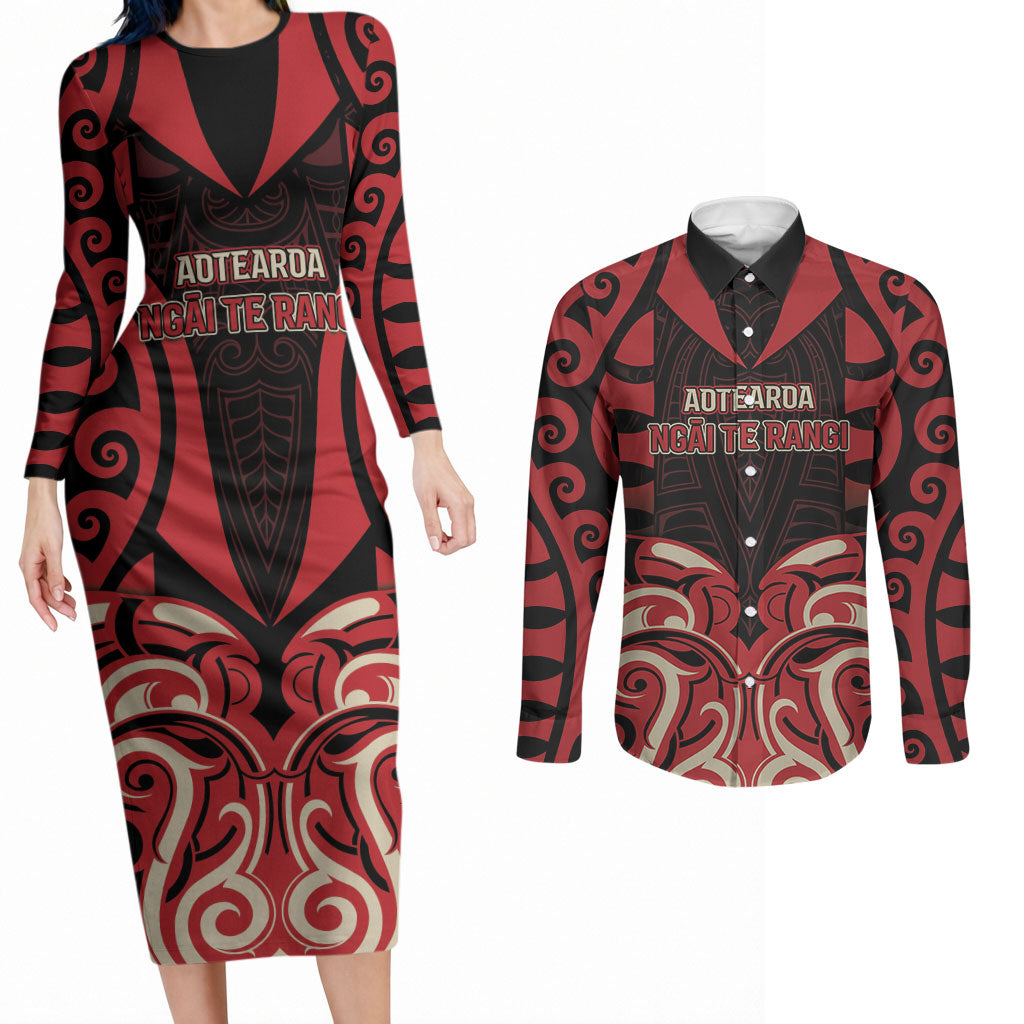 Custom Aotearoa Ngai Te Rangi Couples Matching Long Sleeve Bodycon Dress and Long Sleeve Button Shirt New Zealand Traditional Maori Pattern