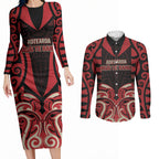 Custom Aotearoa Ngai Te Rangi Couples Matching Long Sleeve Bodycon Dress and Long Sleeve Button Shirt New Zealand Traditional Maori Pattern