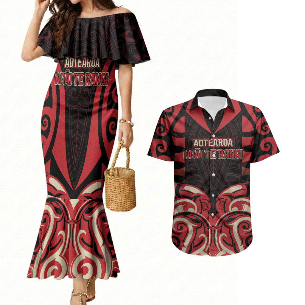 Custom Aotearoa Ngai Te Rangi Couples Matching Mermaid Dress and Hawaiian Shirt New Zealand Traditional Maori Pattern