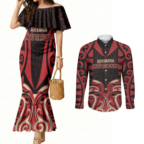Custom Aotearoa Ngai Te Rangi Couples Matching Mermaid Dress and Long Sleeve Button Shirt New Zealand Traditional Maori Pattern