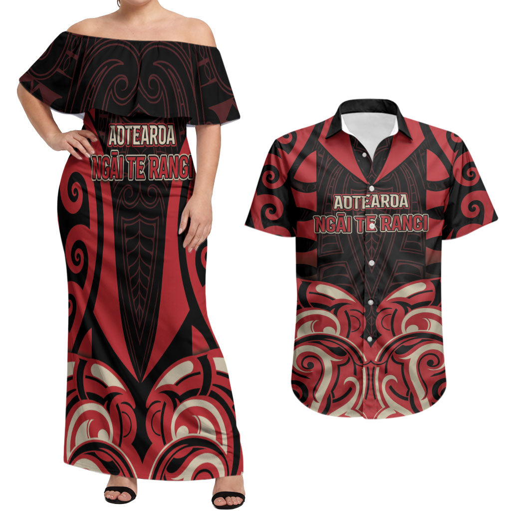 Custom Aotearoa Ngai Te Rangi Couples Matching Off Shoulder Maxi Dress and Hawaiian Shirt New Zealand Traditional Maori Pattern