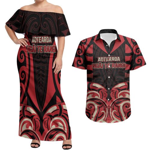 Custom Aotearoa Ngai Te Rangi Couples Matching Off Shoulder Maxi Dress and Hawaiian Shirt New Zealand Traditional Maori Pattern