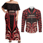Custom Aotearoa Ngai Te Rangi Couples Matching Off Shoulder Maxi Dress and Long Sleeve Button Shirt New Zealand Traditional Maori Pattern