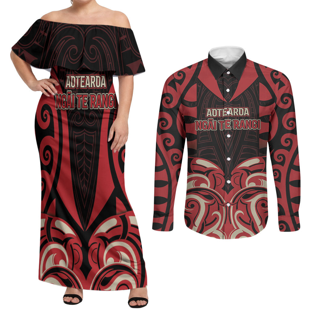 Custom Aotearoa Ngai Te Rangi Couples Matching Off Shoulder Maxi Dress and Long Sleeve Button Shirt New Zealand Traditional Maori Pattern