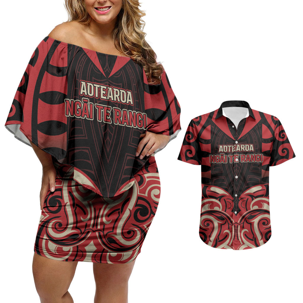 Custom Aotearoa Ngai Te Rangi Couples Matching Off Shoulder Short Dress and Hawaiian Shirt New Zealand Traditional Maori Pattern