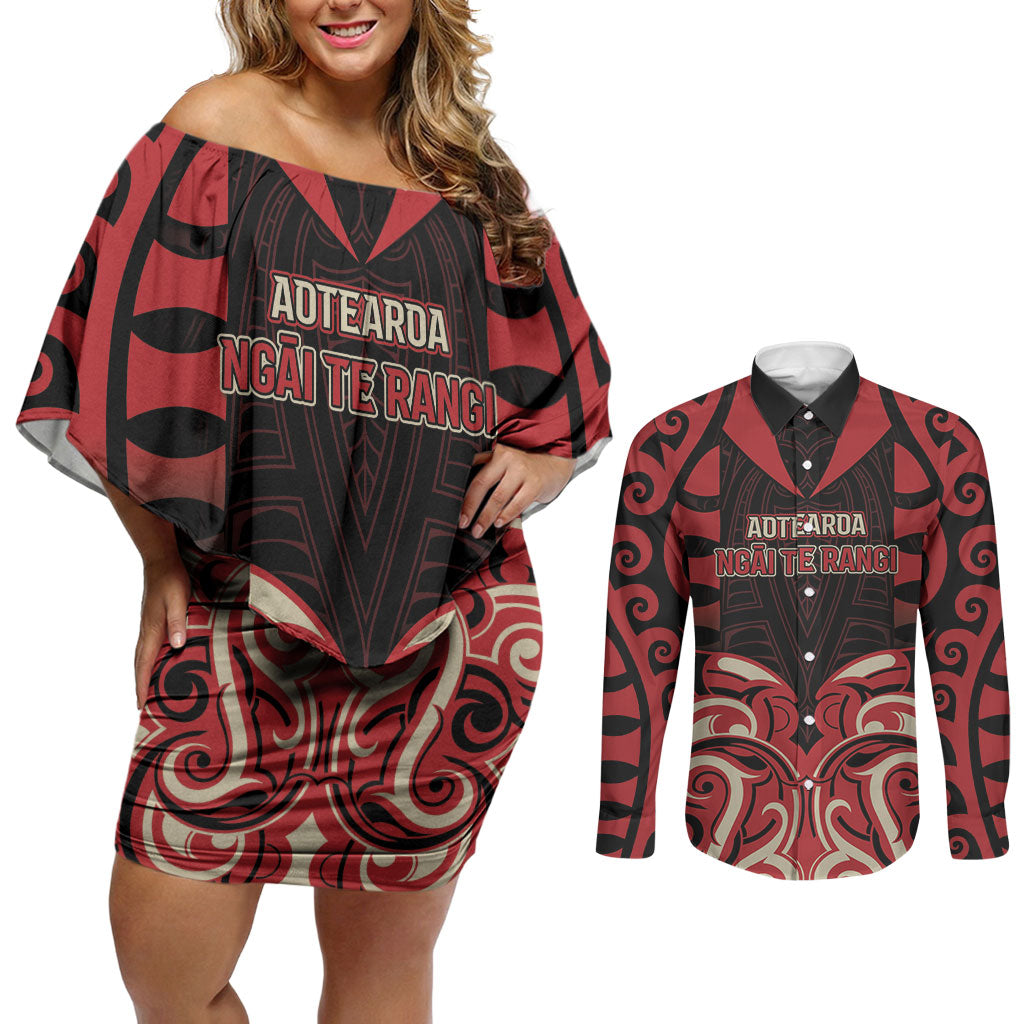 Custom Aotearoa Ngai Te Rangi Couples Matching Off Shoulder Short Dress and Long Sleeve Button Shirt New Zealand Traditional Maori Pattern