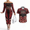Custom Aotearoa Ngai Te Rangi Couples Matching Off The Shoulder Long Sleeve Dress and Hawaiian Shirt New Zealand Traditional Maori Pattern