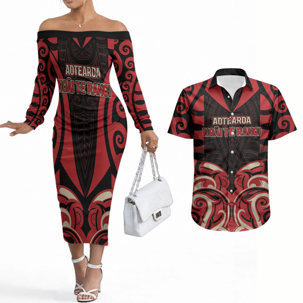 Custom Aotearoa Ngai Te Rangi Couples Matching Off The Shoulder Long Sleeve Dress and Hawaiian Shirt New Zealand Traditional Maori Pattern
