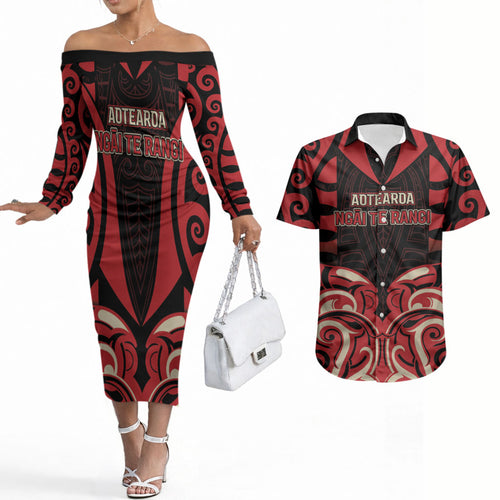 Custom Aotearoa Ngai Te Rangi Couples Matching Off The Shoulder Long Sleeve Dress and Hawaiian Shirt New Zealand Traditional Maori Pattern