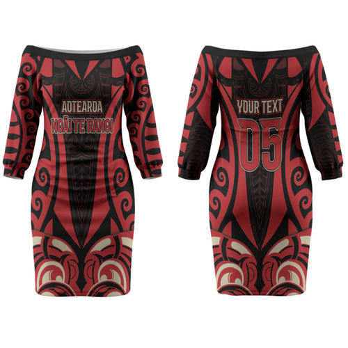 Custom Aotearoa Ngai Te Rangi Couples Matching Off The Shoulder Long Sleeve Dress and Hawaiian Shirt New Zealand Traditional Maori Pattern