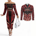 Custom Aotearoa Ngai Te Rangi Couples Matching Off The Shoulder Long Sleeve Dress and Long Sleeve Button Shirt New Zealand Traditional Maori Pattern