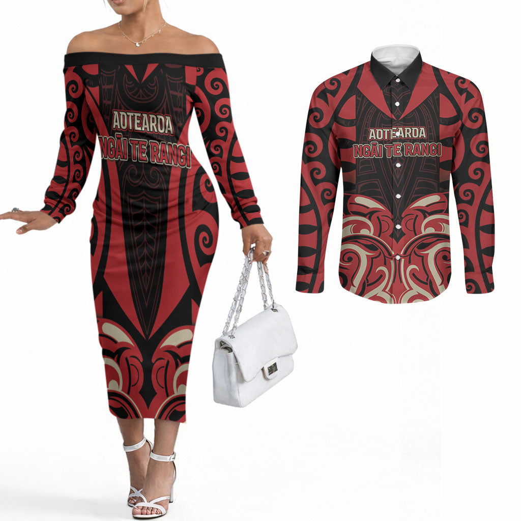 Custom Aotearoa Ngai Te Rangi Couples Matching Off The Shoulder Long Sleeve Dress and Long Sleeve Button Shirt New Zealand Traditional Maori Pattern