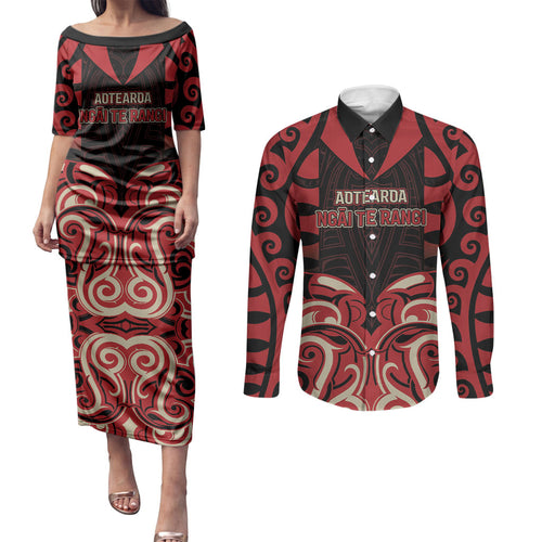 Custom Aotearoa Ngai Te Rangi Couples Matching Puletasi and Long Sleeve Button Shirt New Zealand Traditional Maori Pattern