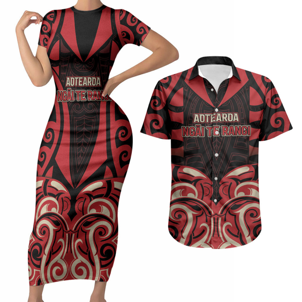 Custom Aotearoa Ngai Te Rangi Couples Matching Short Sleeve Bodycon Dress and Hawaiian Shirt New Zealand Traditional Maori Pattern