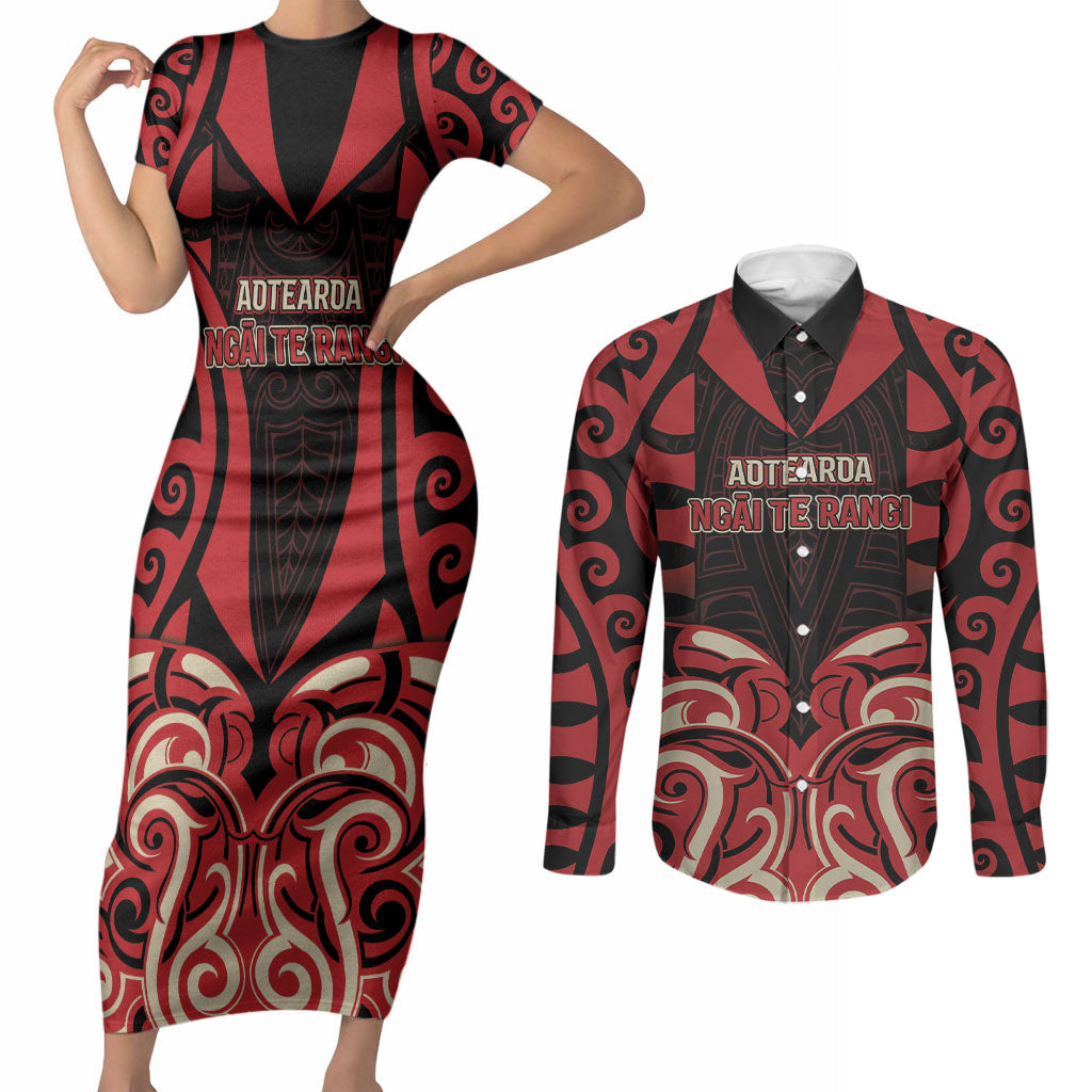 Custom Aotearoa Ngai Te Rangi Couples Matching Short Sleeve Bodycon Dress and Long Sleeve Button Shirt New Zealand Traditional Maori Pattern