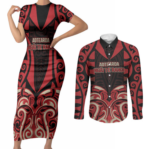 Custom Aotearoa Ngai Te Rangi Couples Matching Short Sleeve Bodycon Dress and Long Sleeve Button Shirt New Zealand Traditional Maori Pattern