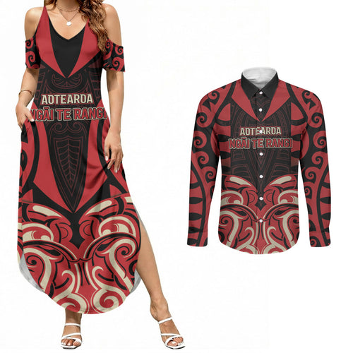 Custom Aotearoa Ngai Te Rangi Couples Matching Summer Maxi Dress and Long Sleeve Button Shirt New Zealand Traditional Maori Pattern