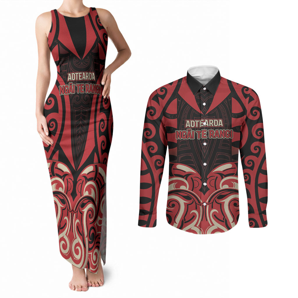 Custom Aotearoa Ngai Te Rangi Couples Matching Tank Maxi Dress and Long Sleeve Button Shirt New Zealand Traditional Maori Pattern
