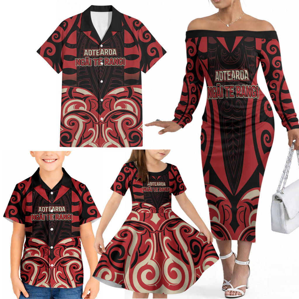 Custom Aotearoa Ngai Te Rangi Family Matching Off The Shoulder Long Sleeve Dress and Hawaiian Shirt New Zealand Traditional Maori Pattern