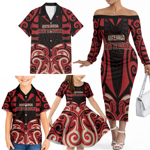 Custom Aotearoa Ngai Te Rangi Family Matching Off The Shoulder Long Sleeve Dress and Hawaiian Shirt New Zealand Traditional Maori Pattern