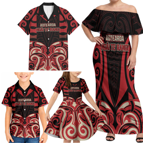 Custom Aotearoa Ngai Te Rangi Family Matching Off Shoulder Maxi Dress and Hawaiian Shirt New Zealand Traditional Maori Pattern