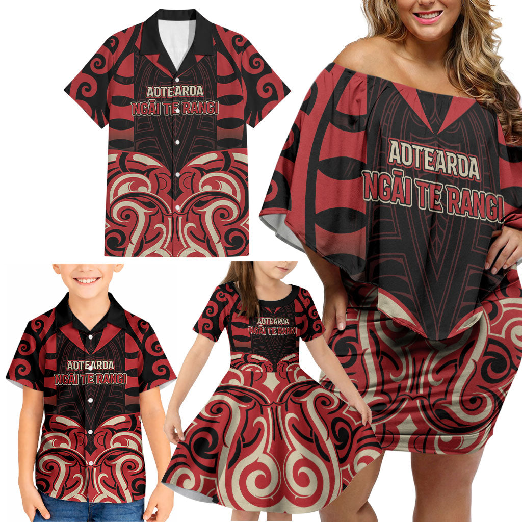 Custom Aotearoa Ngai Te Rangi Family Matching Off Shoulder Short Dress and Hawaiian Shirt New Zealand Traditional Maori Pattern