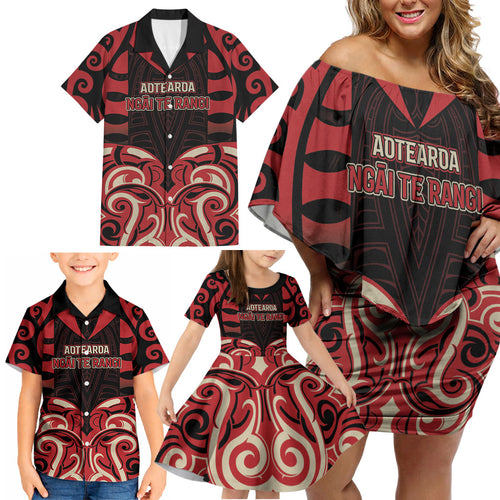 Custom Aotearoa Ngai Te Rangi Family Matching Off Shoulder Short Dress and Hawaiian Shirt New Zealand Traditional Maori Pattern