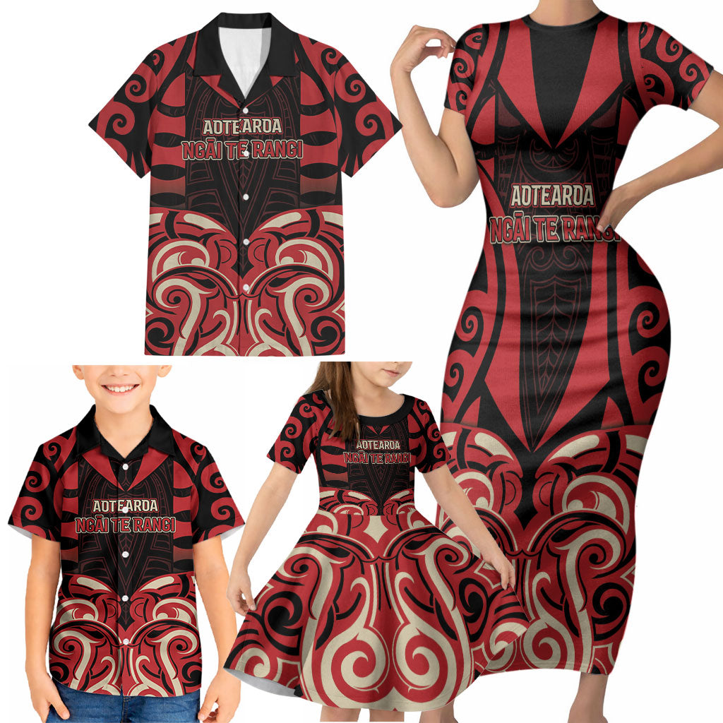 Custom Aotearoa Ngai Te Rangi Family Matching Short Sleeve Bodycon Dress and Hawaiian Shirt New Zealand Traditional Maori Pattern