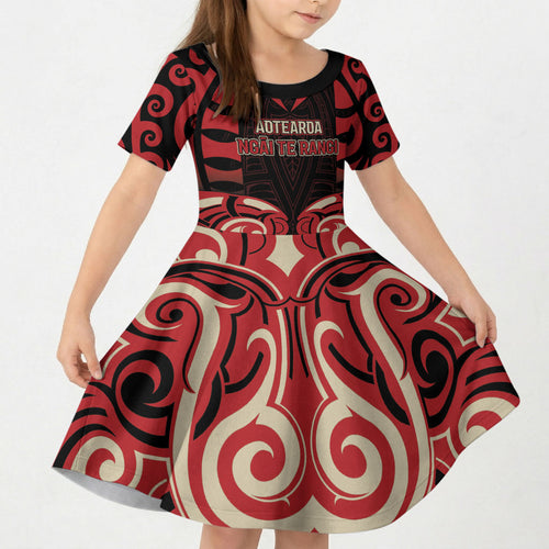 Custom Aotearoa Ngai Te Rangi Kid Short Sleeve Dress New Zealand Traditional Maori Pattern