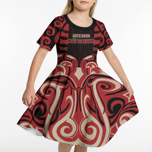 Custom Aotearoa Ngai Te Rangi Kid Short Sleeve Dress New Zealand Traditional Maori Pattern