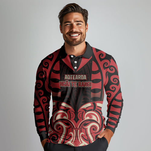 Custom Aotearoa Ngai Te Rangi Long Sleeve Polo Shirt New Zealand Traditional Maori Pattern
