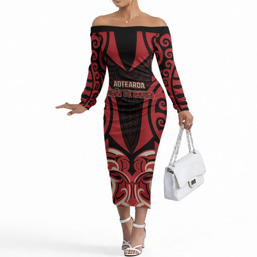Custom Aotearoa Ngai Te Rangi Off The Shoulder Long Sleeve Dress New Zealand Traditional Maori Pattern